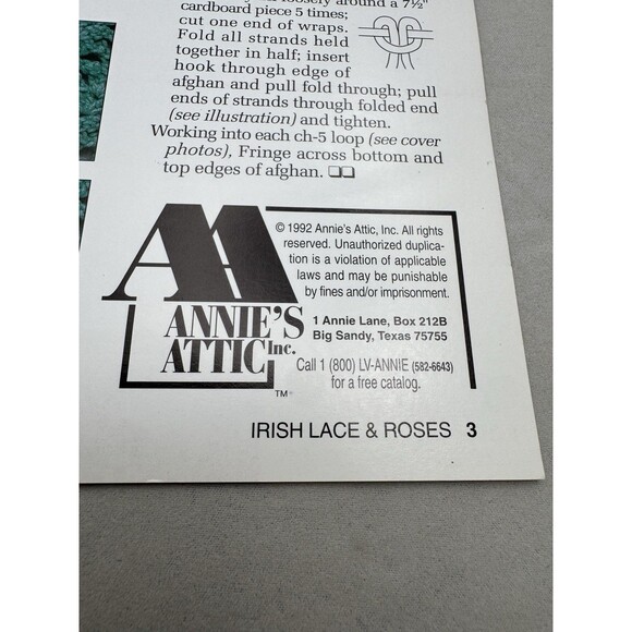Annies Attic Loops Lace Irish Lace Roses Afghan Crochet Pattern 843A Leaflet - Picture 3 of 3